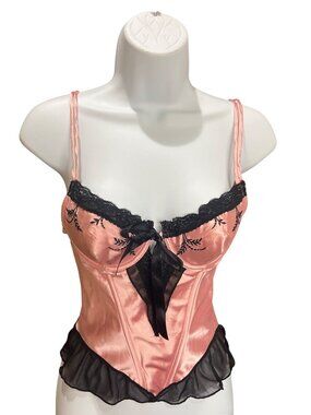 Vintage Style Pink Black Satin Lace Corset Cami Top S